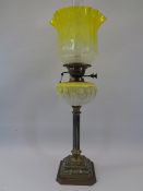 VICTORIAN OIL LAMP & SHADE - brass fluted column on a stepped base with yellow Milk glass font,