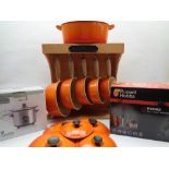 LE CREUSET CAST IRON PAN SET & ASSOCIATED HANGING RACK and two further boxed electric kitchen