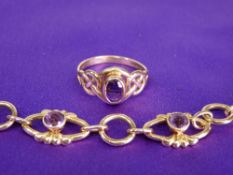 A 9CT GOLD & 13 AMETHYST NECKLACE - 27grms gross with near matching ring, 2.6grms gross