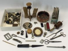 VINTAGE SEWING & MIXED COLLECTABLES - a quantity to include a facet cut glass cheroot holder, wooden