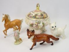 BESWICK ANIMALS & FIGURINES (4) with a Capodimonte circular bowl and cover, the figures include a