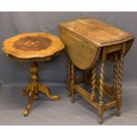 NEAT OAK BARLEY TWIST GATELEG TABLE with a reproduction Italian inlaid side table, 72cms H, 61.