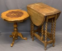 NEAT OAK BARLEY TWIST GATELEG TABLE with a reproduction Italian inlaid side table, 72cms H, 61.