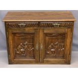 REPRODUCTION OAK SIDEBOARD - neatly proportioned and carved continental style with interior Inn