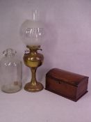 BRASS BASED OIL LAMP WITH ETCHED SHADE, demijohn and a domed top treen workbox