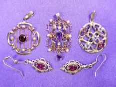 9CT GOLD PENDANTS (3) - with Amethyst or Garnet decoration, 9.5grms and a pair of similar