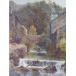 THOMAS GREENHALGH watercolour - entitled verso 'Mountain stream flowing through mill buildings',