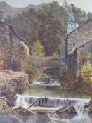 THOMAS GREENHALGH watercolour - entitled verso 'Mountain stream flowing through mill buildings',
