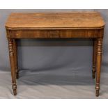 REGENCY MAHOGANY FOLDOVER TEA TABLE - with ebony stringing to the frieze, on turned tapering