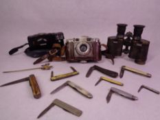 WORLD WAR FIELD GLASSES, Paxette cased camera, collection of vintage penknives, ETC