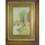 F RIDGWAY watercolour study - depicting a river with bridge with a young woman in a boat to the