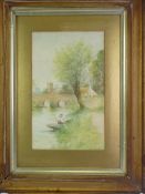 F RIDGWAY watercolour study - depicting a river with bridge with a young woman in a boat to the
