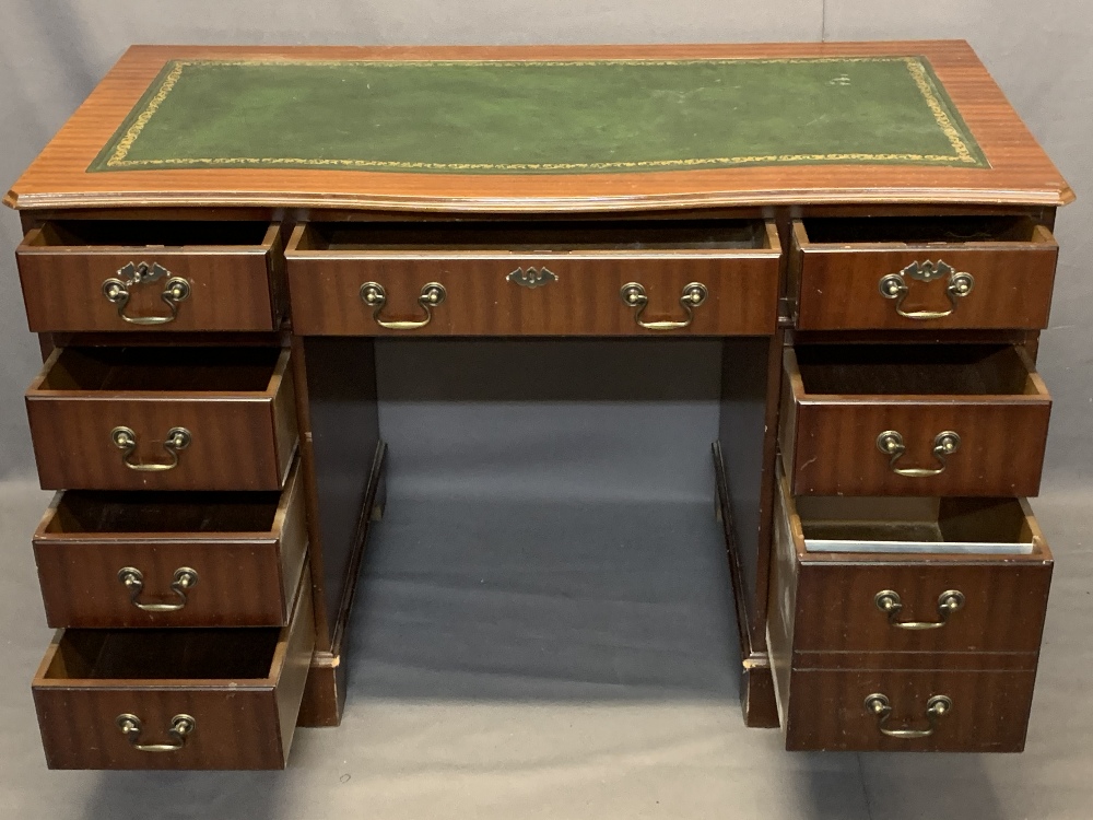 REPRODUCTION MAHOGANY TWIN PEDESTAL DESK - green leather gilt tooled skiver having three frieze - Image 2 of 4