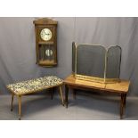 VINTAGE OAK CASED WALL CLOCK, tiled top coffee table and one other and a modern folding brass