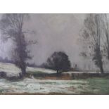 JOHN EDWARDS oil on board - snow covered farmland under a grey sky, signed, 49 x 75cms (and a