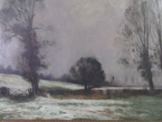 JOHN EDWARDS oil on board - snow covered farmland under a grey sky, signed, 49 x 75cms (and a