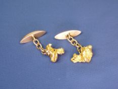 9CT GOLD PLAIN PEAR SHAPED CUFFLINKS - each with a four link chain to a believed uncut gold