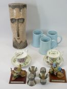 LEONARDO GARDEN BIRDS ON WOODEN PLINTHS, Royal Albert cabinet cups and saucers, pottery tankards,