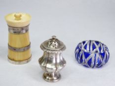 A SILVER PEPPER POT - 2.3ozs, London 1833, a Capstan shaped bone pepper grinder with four silver