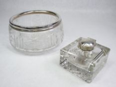 A GLASS INKWELL - square fine heavy quality with hobnail cut base and silver hinged lid and band,