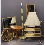 ONYX STANDARD LAMP & SHADE, an oval Italian music box, a gilt three shelf trolley and three gilt