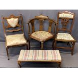 CIRCA 1900 CORNER & SIDE CHAIRS (3) with a later long footstool, the corner chair having inlay
