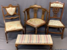 CIRCA 1900 CORNER & SIDE CHAIRS (3) with a later long footstool, the corner chair having inlay