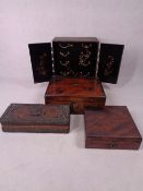 TREEN - an ebonised and metal banded jewellery box with interior multi drawers. Also, a mahogany