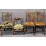 VICTORIAN CARVED WALNUT NURSING CHAIR, mahogany side chair similarly upholstered and two vintage oak