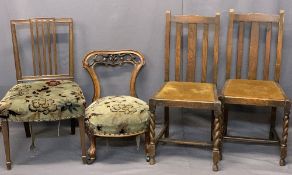 VICTORIAN CARVED WALNUT NURSING CHAIR, mahogany side chair similarly upholstered and two vintage oak