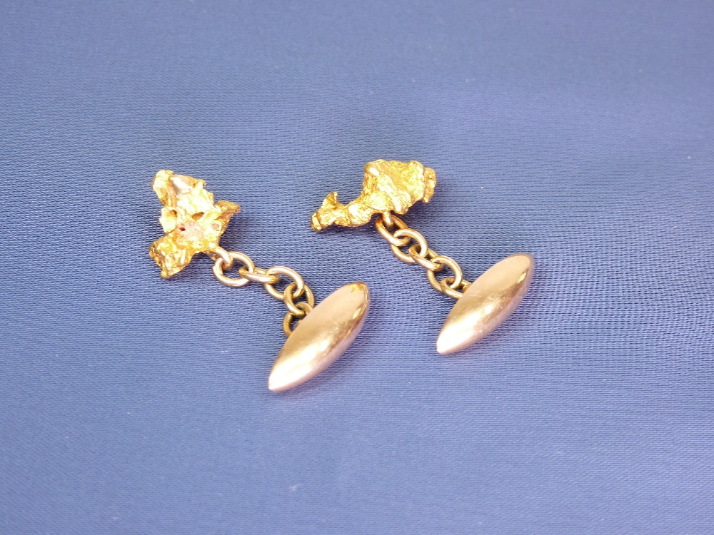 9CT GOLD PLAIN PEAR SHAPED CUFFLINKS - each with a four link chain to a believed uncut gold - Image 2 of 2