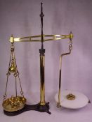 W T AVERY LATE 19TH CENTURY BRASS & IRON BEAM SCALES with porcelain tray and a quantity of