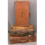 VINTAGE LEATHER SUITCASES (3) - trace labels apparent, two marked with the initials H B, 20cms H,