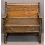 NEATLY PROPORTIONED VINTAGE OAK HALL BENCH - single front drawer, carved and applied detail and