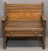 NEATLY PROPORTIONED VINTAGE OAK HALL BENCH - single front drawer, carved and applied detail and