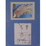 RALPH STEADMAN cartoon sketch and signature on Post Office picture card and one other, both