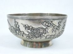 LUEN WO SHANGHAI CHINESE EXPORT SILVER BOWL CIRCA 1900 applied with Prunus Blossom beneath a