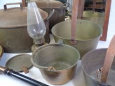 METALWARE - brass jam pans, large lidded cooking pan, other pans, oil lamp and a vintage mirror,