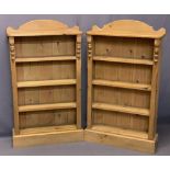 REPRODUCTION PINE BOOKSHELVES, A PAIR - railback with turned front detail and four shelves on a