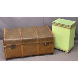 STEAMER BANDED TRUNK, 40cms H, 84cms W, 54cms D and a Loom linen basket, 54cms H, 36cms W, 26cms D