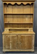 VINTAGE STRIPPED PINE KITCHEN DRESSER - a shaped upper frieze over three shelves and wide back