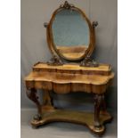 VICTORIAN MAHOGANY DUCHESS DRESSING TABLE - the shaped mirror with carved crest and supports on a