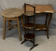 CARVED OAK THREE TIER FOLDING CAKE STAND and two vintage side tables including a shaped top