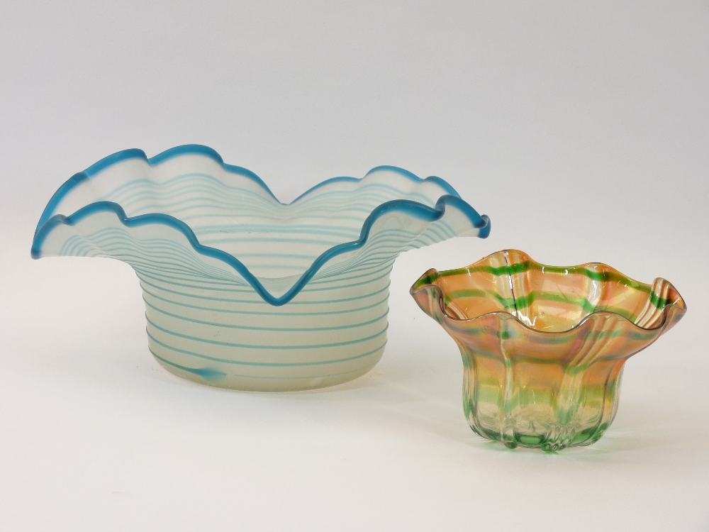 IRIDESCENT GLASS HAT SHAPED BOWL, 14cms diameter together with larger spiral bowl, both with