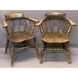 VINTAGE SMOKERS BOW ARMCHAIRS (2) - swept arms and curved back on turned spindle supports with H