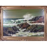JOHN LES oil on canvas - depicting waves breaking against a rocky coast, signed lower right in a