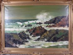 JOHN LES oil on canvas - depicting waves breaking against a rocky coast, signed lower right in a