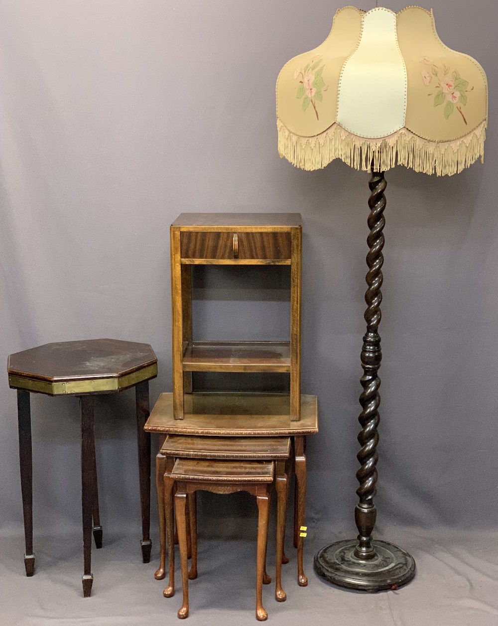 MIXED VINTAGE & LATER SIDE TABLES and an oak barley twist standard lamp with velum shade, 174cms
