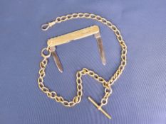 A 9CT GOLD FRONT & BACK PENKNIFE - with 18ct gold chain T bar and swivel with all links marked '