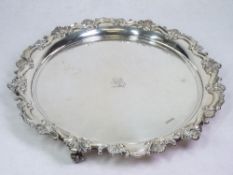 EDWARD VII THREE FOOTED SILVER SERVING TRAY - Sheffield 1907, Maker James Deakin & Sons, 37 troy